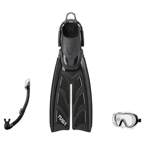 Tusa Mask Fin Snorkel Package – Freedom Tri-Quest Single Lens, Tina Single Lens or Ino Mask + Hyperdry Elite II Snorkel + HyFlex Switch Open Heel Fins