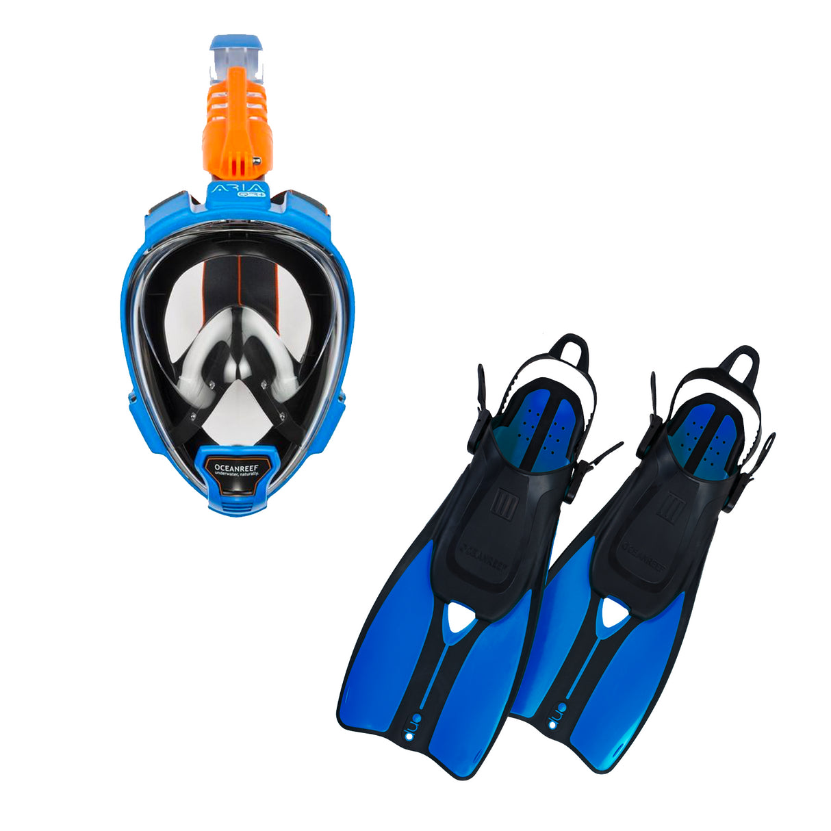 Ocean Reef Aria QR+ Dive Mask & DUO II Fins Combo-Blue-M/L Mask - L/XL Fins-