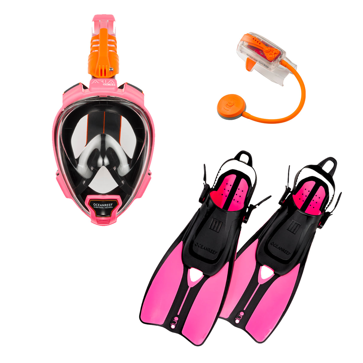 OCEAN REEF Aria QR+ Dive Mask & DUO II Fins Combo with Snorkie-Talkie-Pink-M/L Mask - L/XL Fins-