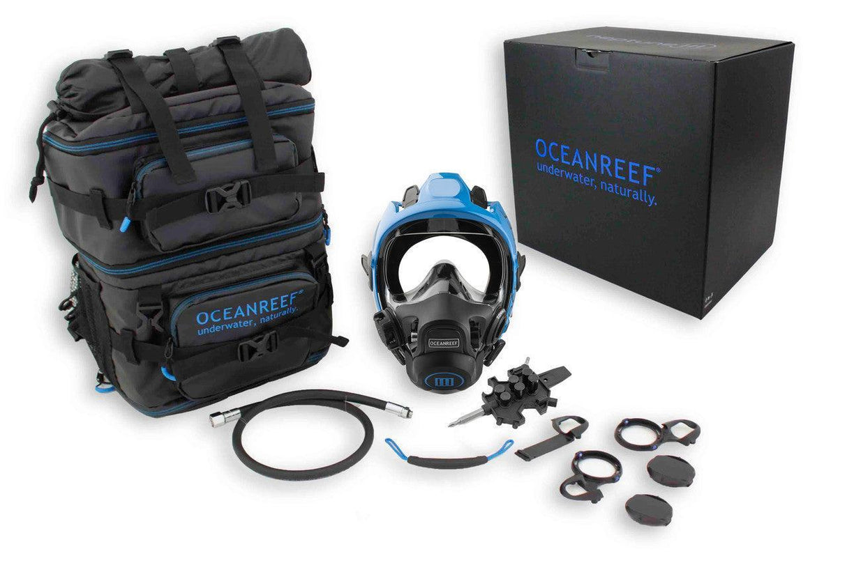 Ocean Reef Neptune III IDM - Diving Full Face Mask w/ int 2nd st, surface air valve, doffing handle, extender kit and multitool-Blue-Small/Medium-