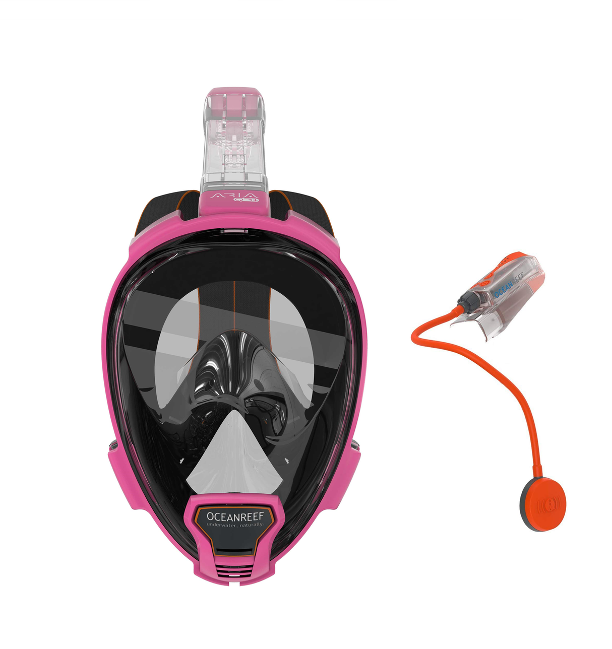Open Box Ocean Reef Aria QR+ with Camera Holder Snorkeling Mask and Snorkie Talkie-Pink-S/M-