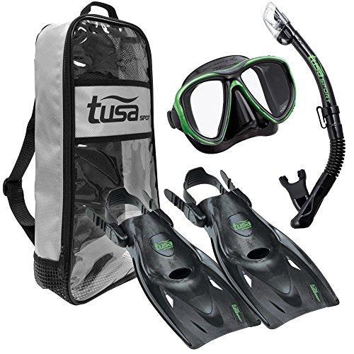 Tusa Powerview Dry Adult Travel Mask, Snorkel and Fin Set-Black/Green