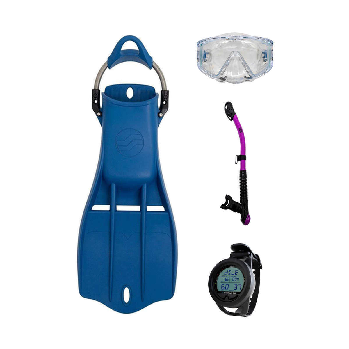 Sherwood Open Water Diver Course Package – SH CRUZ Marbled Mask + Elite Fins + Tiga Dry Snorkel + Genesis Graviton Dive Comp…