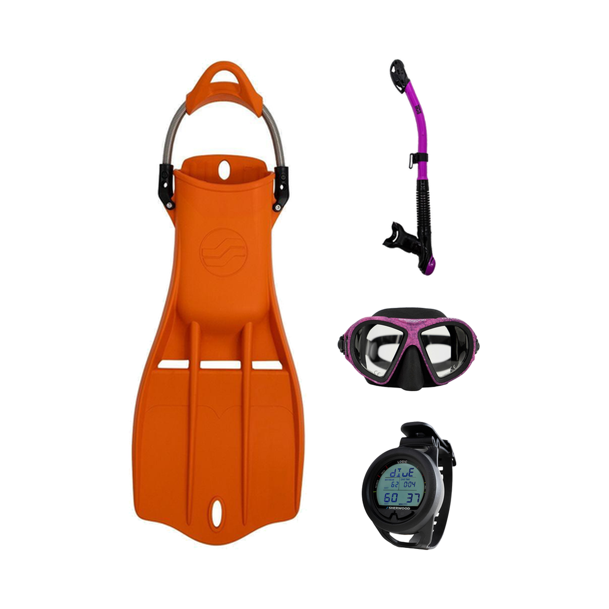 Sherwood Open Water Diver Course Package – SH CRUZ Marbled Mask + Elite Fins + Tiga Dry Snorkel + Genesis Graviton Dive Comp…