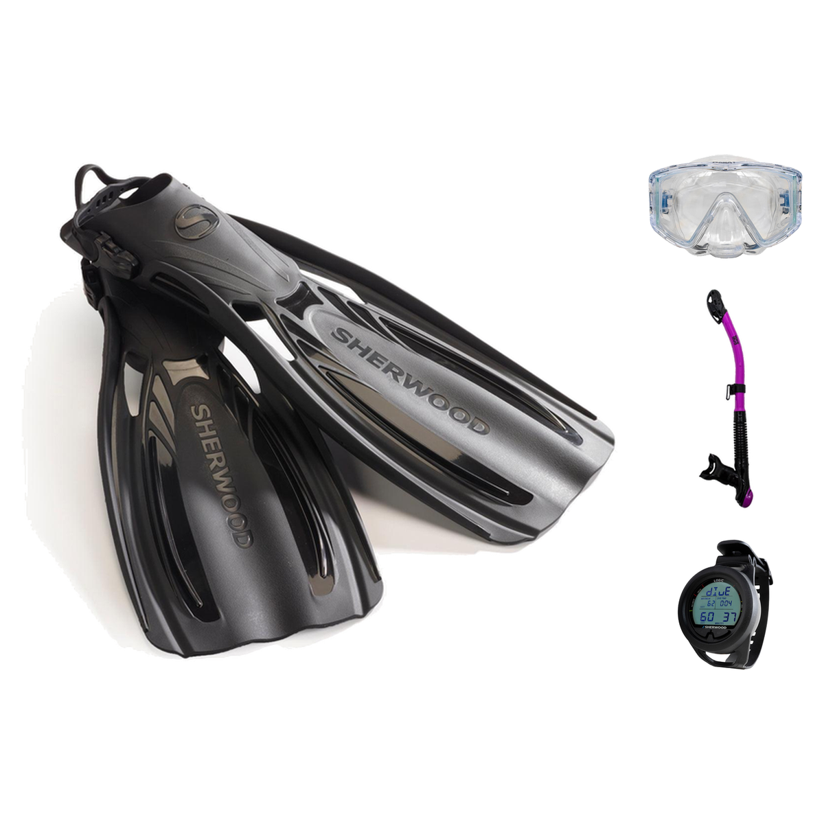 Sherwood Open Water Diver Course Package – SH CRUZ Marbled Mask + Elite Fins + Tiga Dry Snorkel + Genesis Graviton Dive Comp…