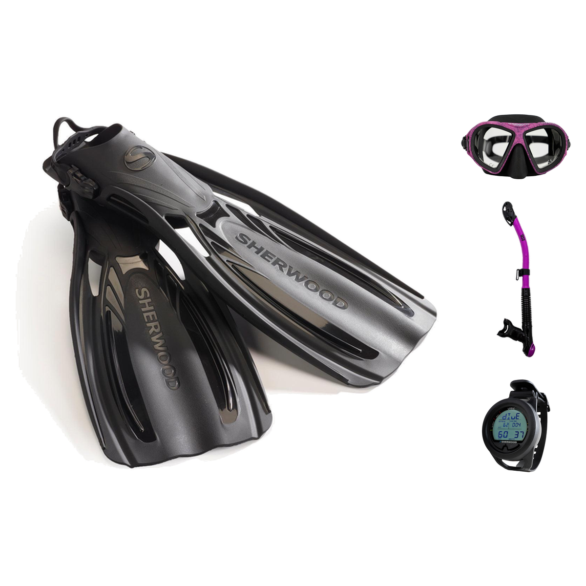 Sherwood Open Water Diver Course Package – SH CRUZ Marbled Mask + Elite Fins + Tiga Dry Snorkel + Genesis Graviton Dive Comp…