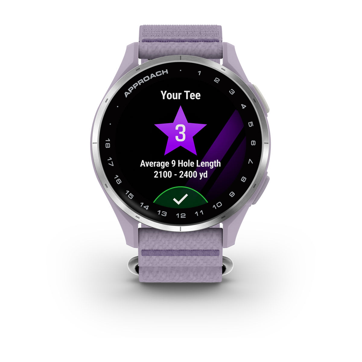 Garmin Approach J1 Junior GPS Golf Smartwatch – Silver Aluminum Bezel with Lilac ComfortFit Fabric Band