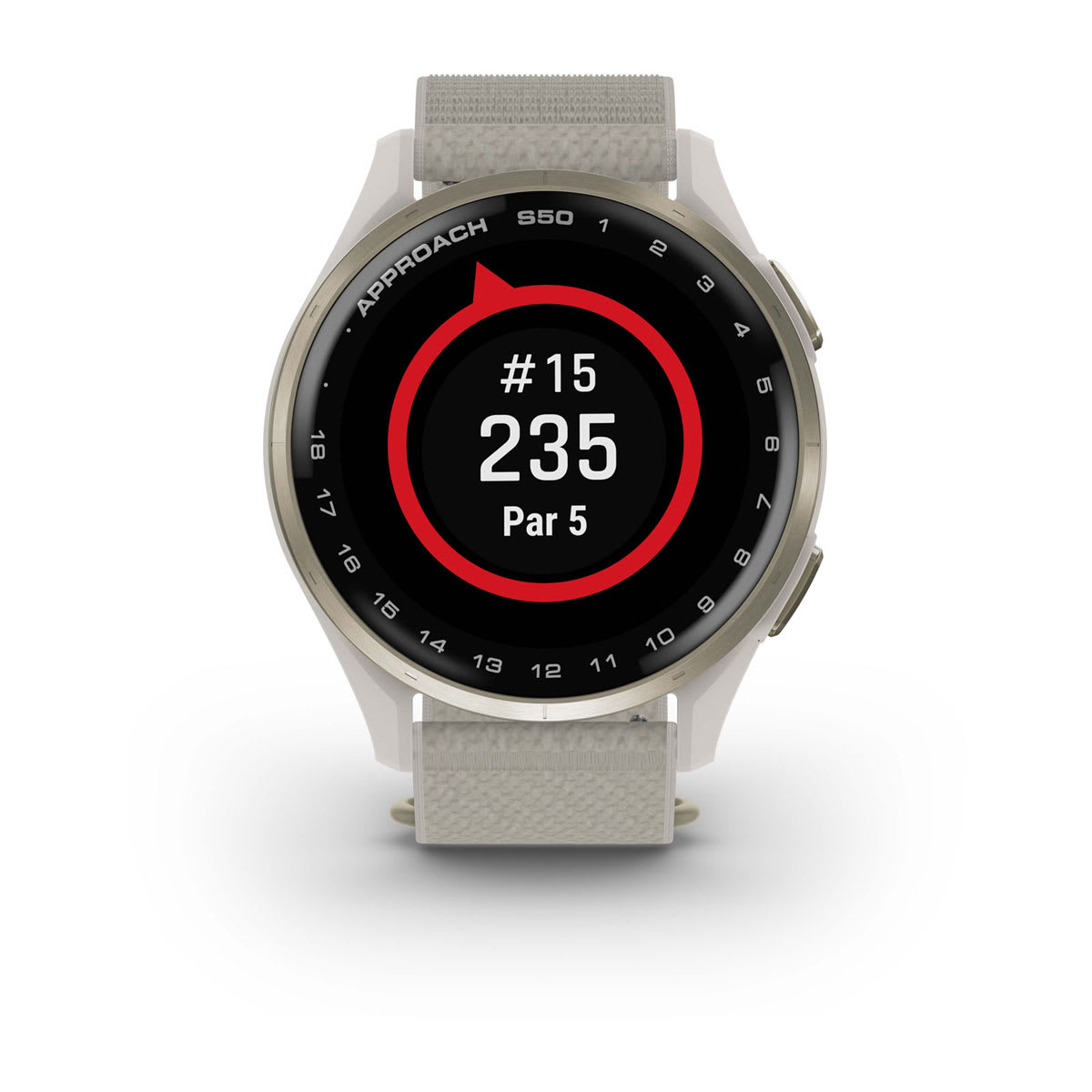 Garmin Approach S44 and S50 GPS Golf Smartwatch – S50: Golf & Fitness Features / Cream Gold Aluminum Bezel with Ivory Nylon Band