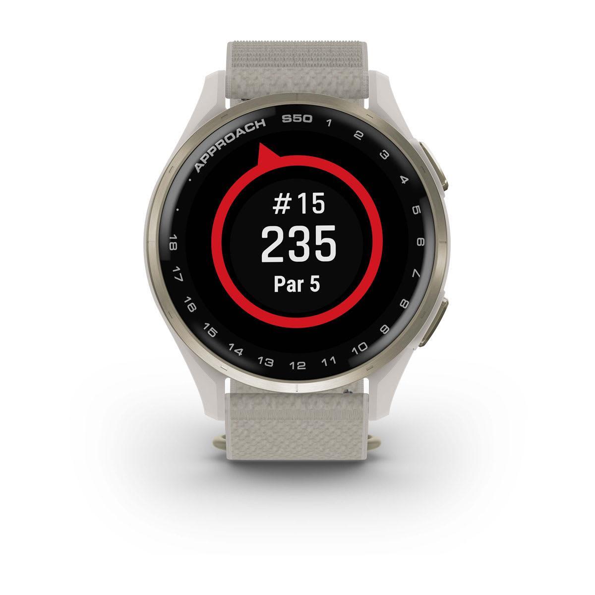 Garmin Approach S44 and S50 GPS Golf Smartwatch – S50: Golf & Fitness Features / Cream Gold Aluminum Bezel with Ivory Nylon Band