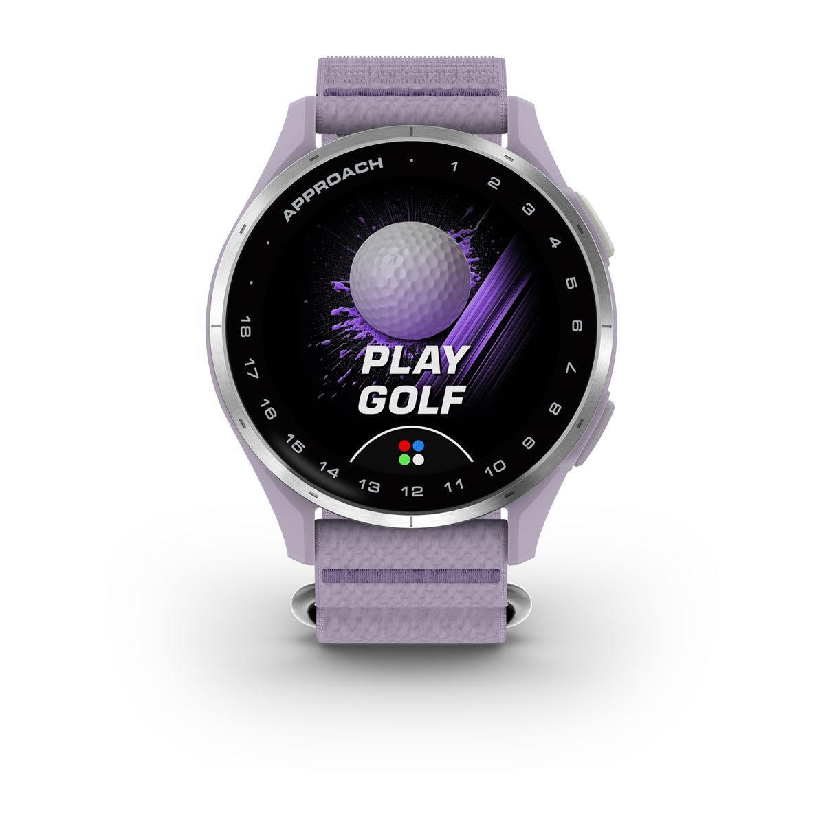 Garmin Approach J1 Junior GPS Golf Smartwatch – Silver Aluminum Bezel with Lilac ComfortFit Fabric Band