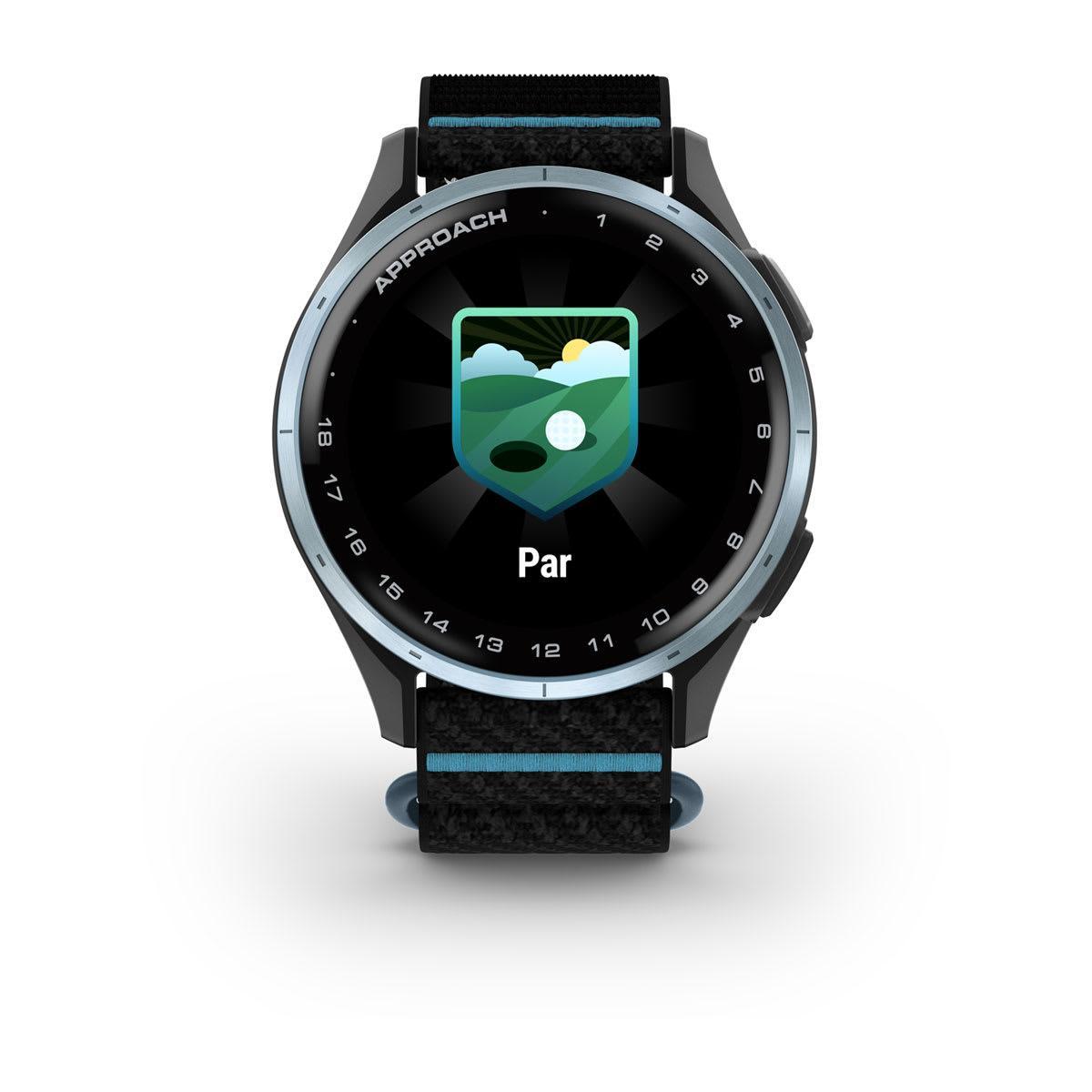 Garmin Approach J1 Junior GPS Golf Smartwatch – Cloud Blue Aluminum Bezel with Black/Azure ComfortFit Fabric Band