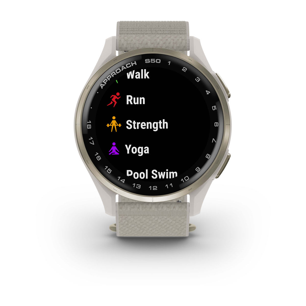 Garmin Approach S44 and S50 GPS Golf Smartwatch – S50: Golf & Fitness Features / Cream Gold Aluminum Bezel with Ivory Nylon Band