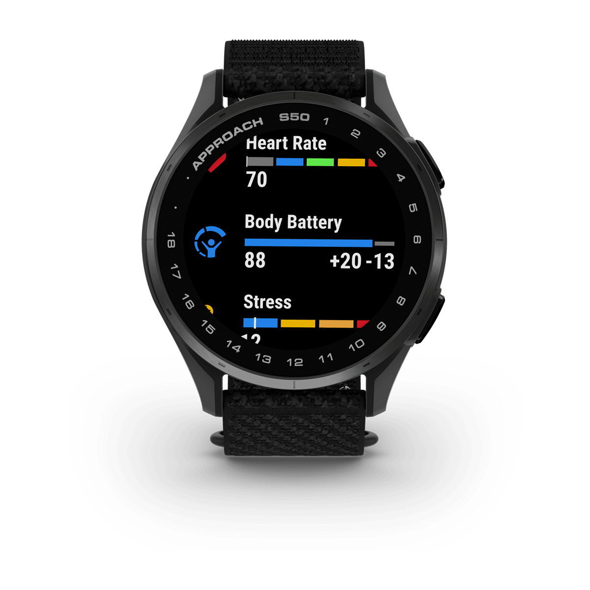 Garmin Approach S44 and S50 GPS Golf Smartwatch – S50: Golf & Fitness Features / Slate Aluminum Bezel with Black Nylon Band