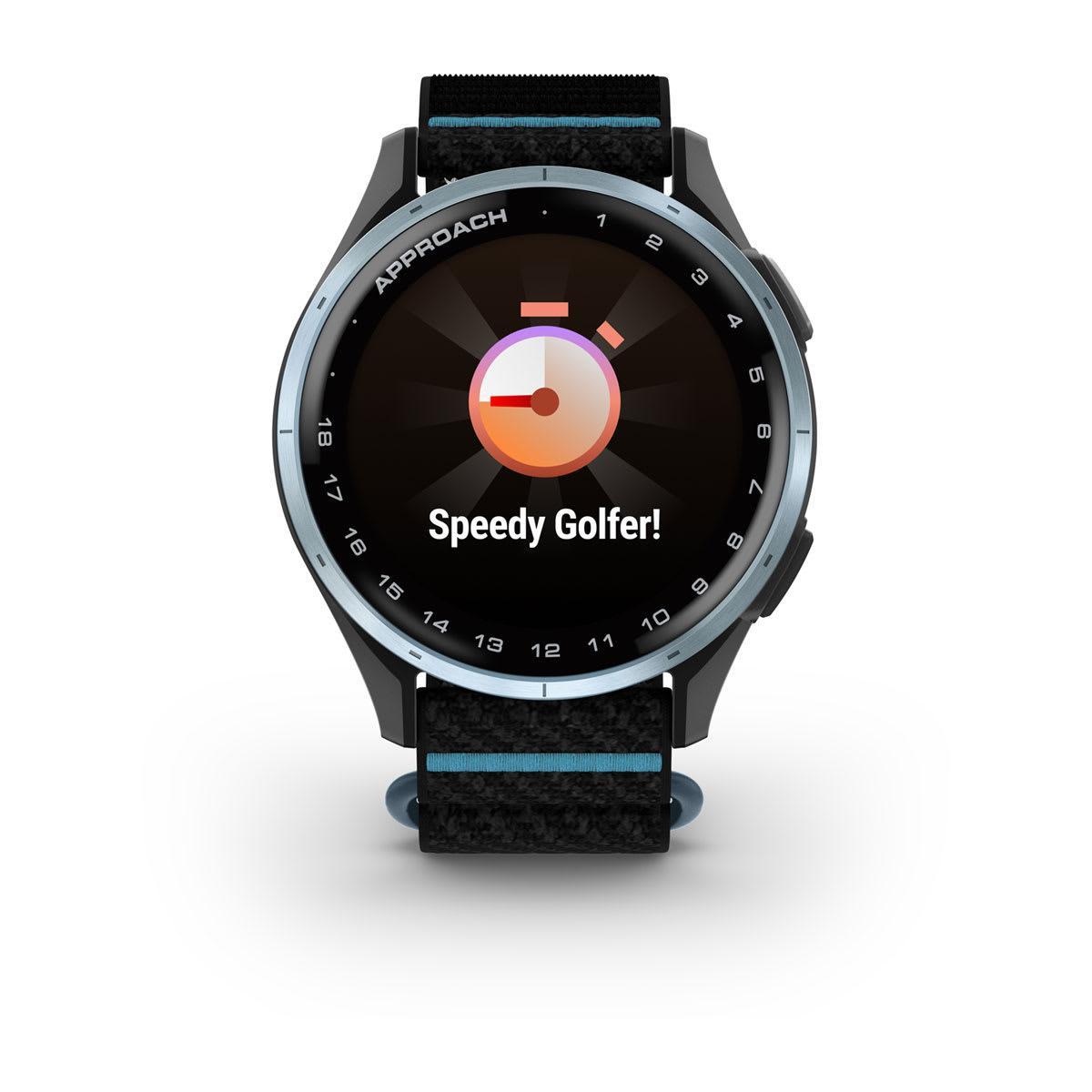 Garmin Approach J1 Junior GPS Golf Smartwatch – Cloud Blue Aluminum Bezel with Black/Azure ComfortFit Fabric Band