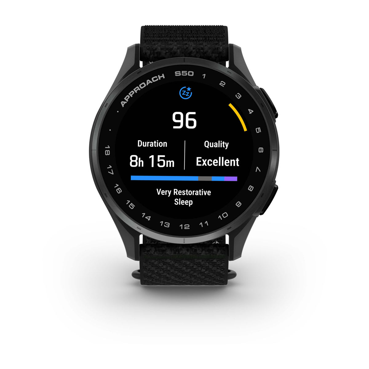 Garmin Approach S44 and S50 GPS Golf Smartwatch – S50: Golf & Fitness Features / Slate Aluminum Bezel with Black Nylon Band