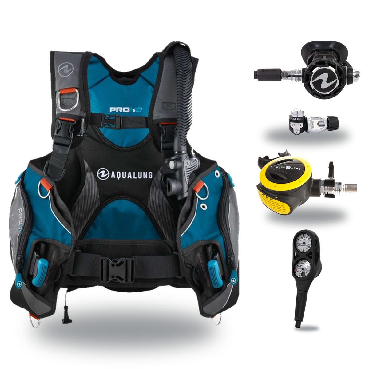 Aqualung Regulator + BCD Scuba Package – Pro HD Mens BCD + LEG3ND Regulator + Octopus + Console — Black/Petrol, Aqualung Hel…