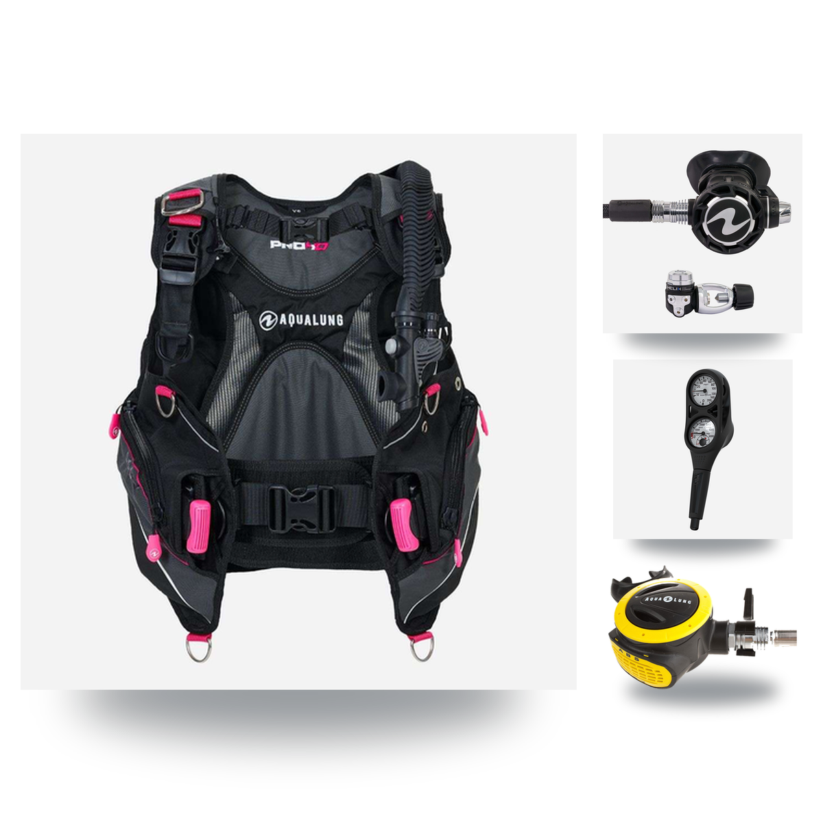 Aqualung Regulator + BCD Scuba Package – Pro HD Womens BCD + LEG3ND Regulator + Octopus + Console — Black/Pink, Aqualung Hel…