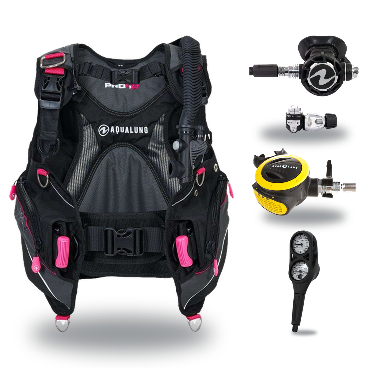 Aqualung Regulator + BCD Scuba Package – Pro HD Womens BCD + LEG3ND Regulator + Octopus + Console — Black/Pink, Aqualung Hel…