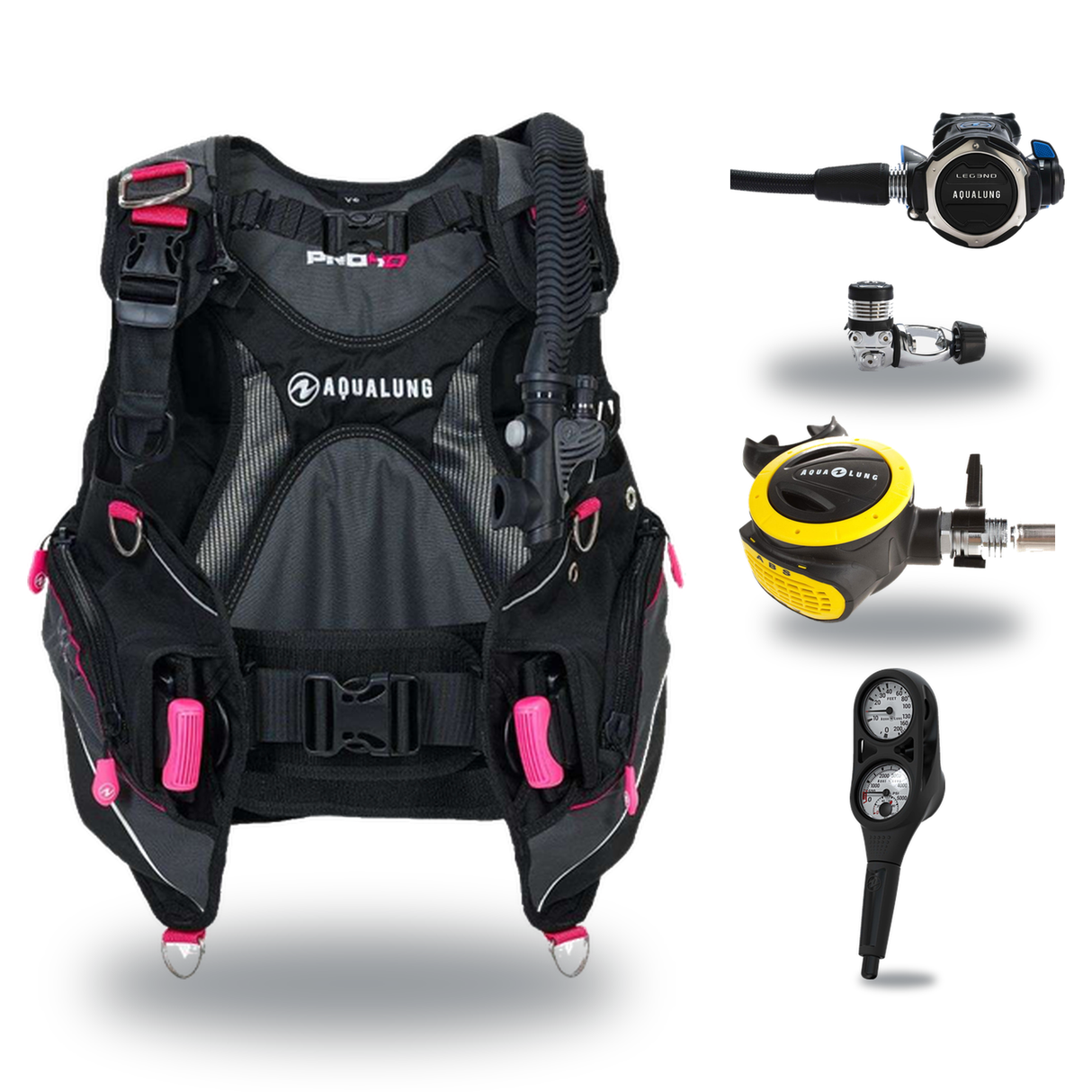 Aqualung Regulator + BCD Scuba Package – Pro HD Womens BCD + LEG3ND Regulator + Octopus + Console — Black/Pink, Aqualung LEG…