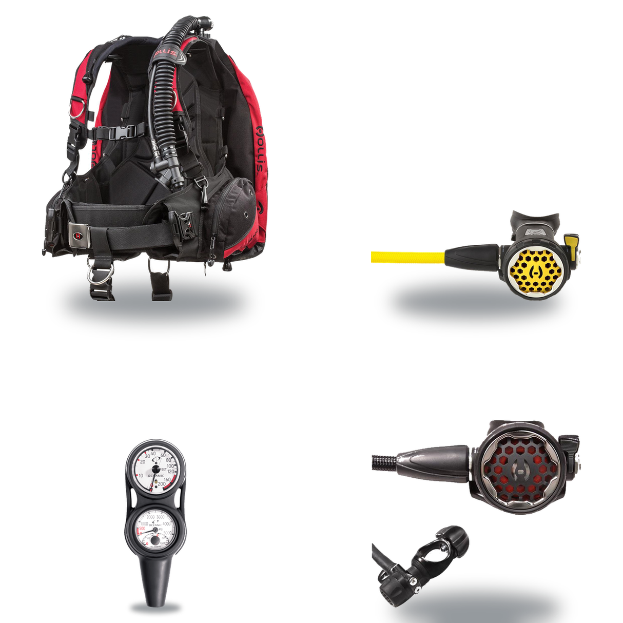 Hollis Regulator + BCD Scuba Package – HD-200 BCD + 150LX DC7 Regulator + 150LX Stainless Steel Octopus + Maxdepth Gauge Con…