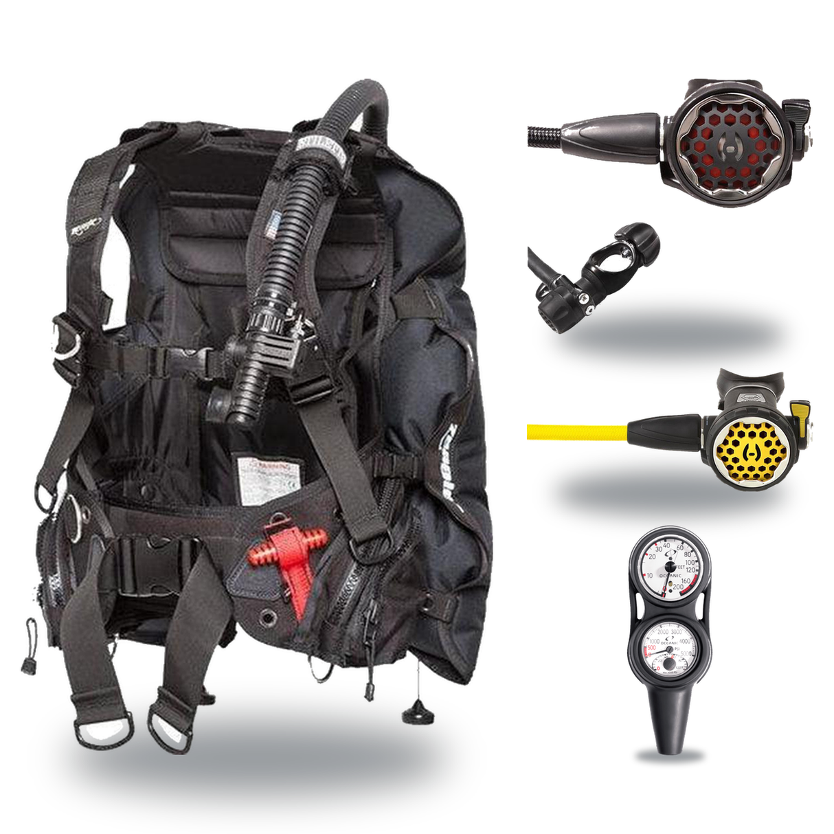 Hollis Regulator + BCD Scuba Package – HD-200 BCD + 150LX DC7 Regulator + 150LX Stainless Steel Octopus + Maxdepth Gauge Con…