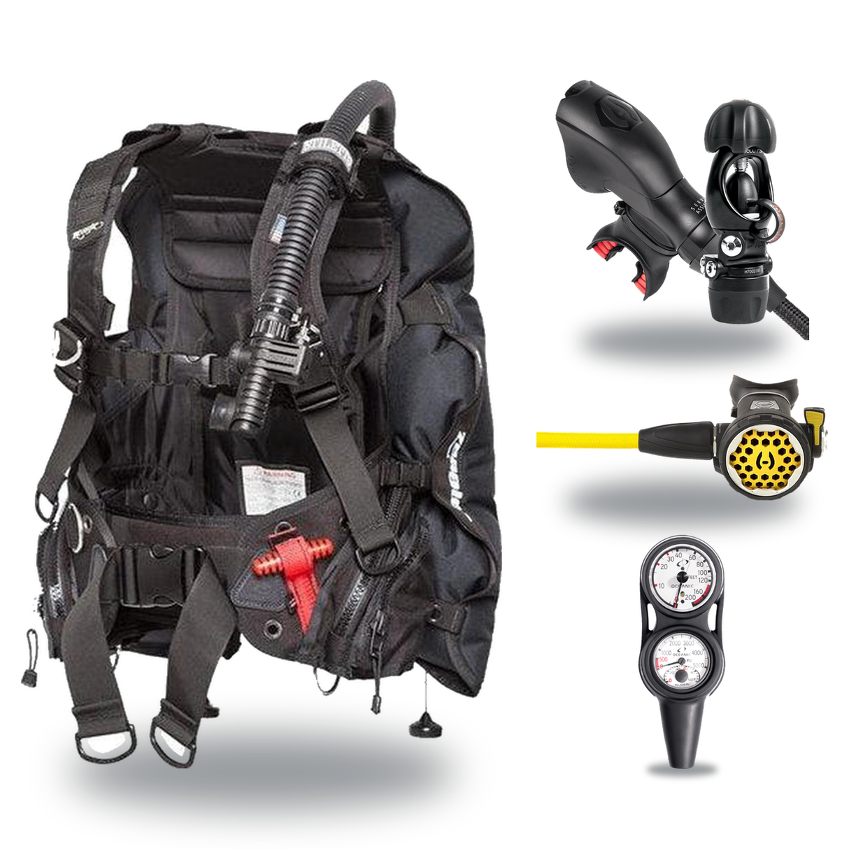 Hollis Regulator + BCD Scuba Package – HD-200 BCD + 150LX DC7 Regulator + 150LX Stainless Steel Octopus + Maxdepth Gauge Con…