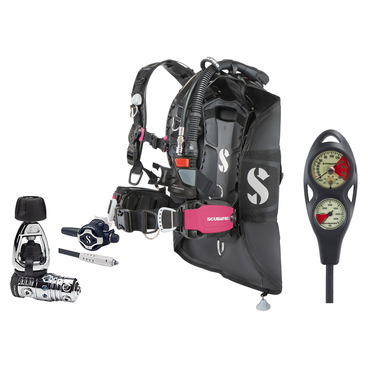 Scubapro Regulator + BCD Scuba Package – Hydros Pro 2 Air2 BCD + MK25 EVO/S620 Ti Regulator + 2-Gauge Console — Pink