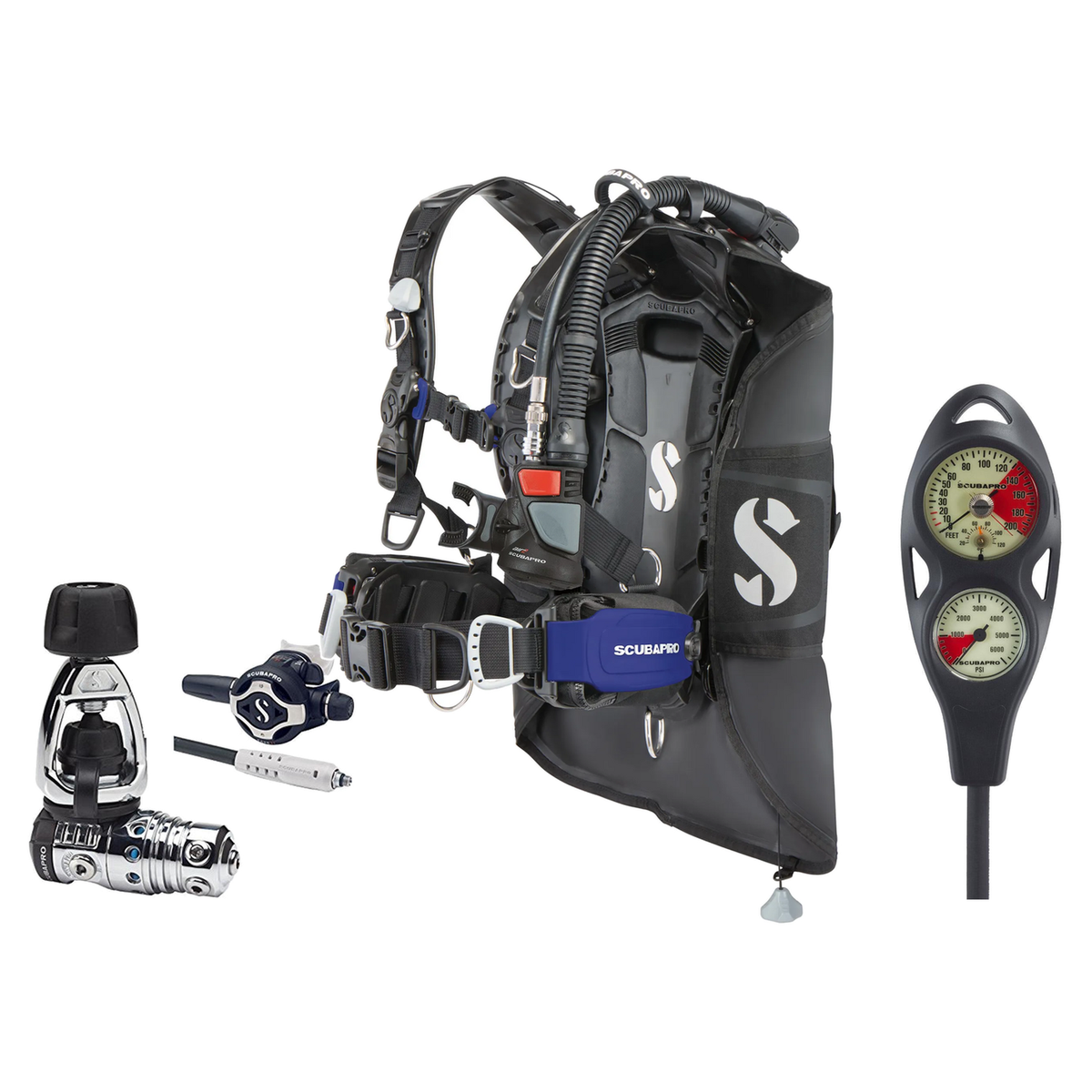 Scubapro Regulator + BCD Scuba Package – Hydros Pro 2 Air2 BCD + MK25 EVO/S620 Ti Regulator + 2-Gauge Console — Blue