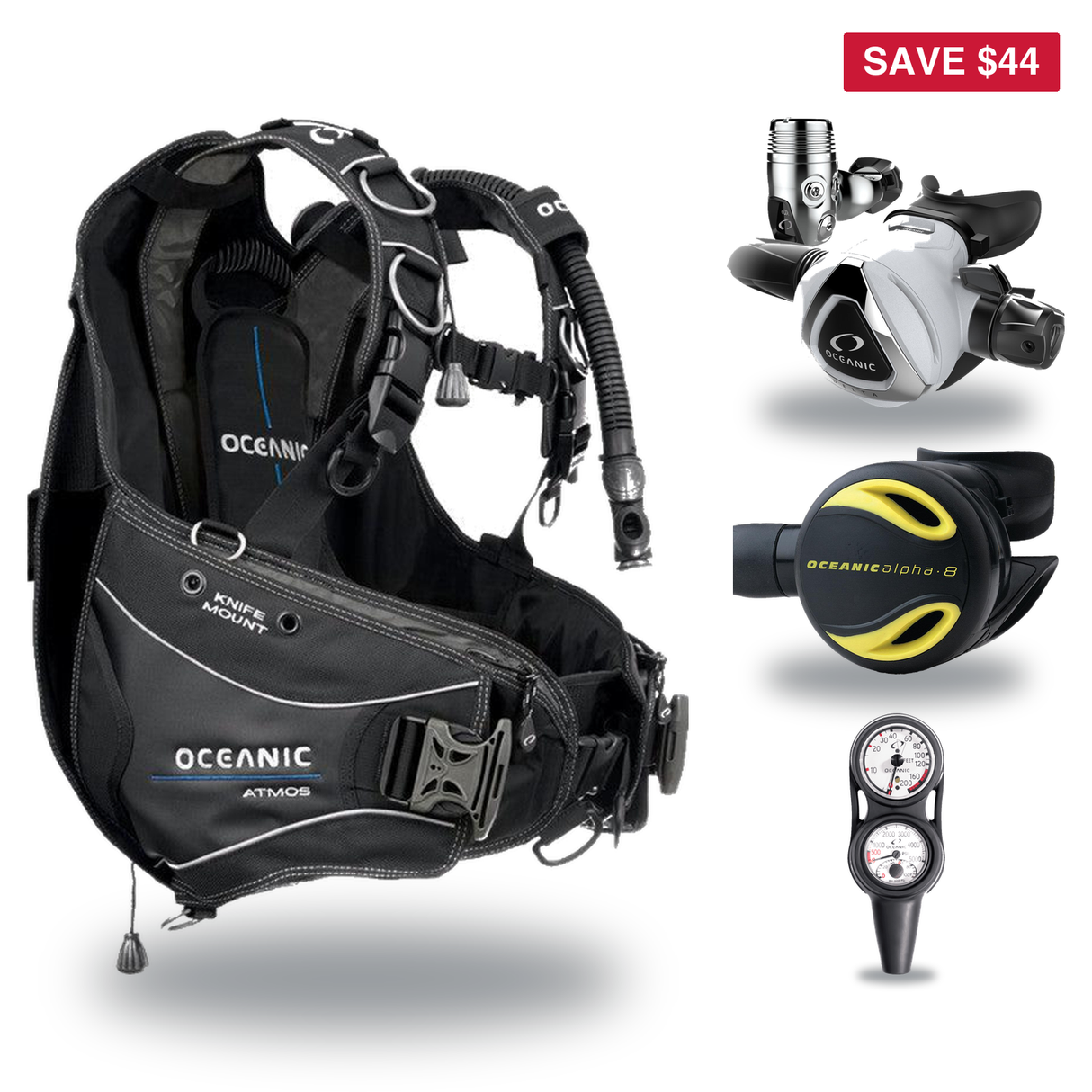 Oceanic Regulator + BCD Scuba Package – Atmos BCD + Delta 5 + EDX Regulator + Alpha 8 Octopus + Maxdepth Gauge Console — inc…