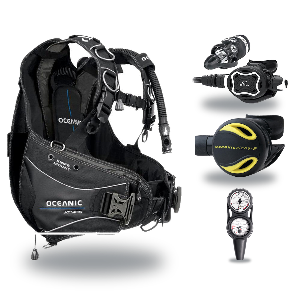 Oceanic Regulator + BCD Scuba Package – Atmos BCD + Delta 5 + EDX Regulator + Alpha 8 Octopus + Maxdepth Gauge Console — Oce…