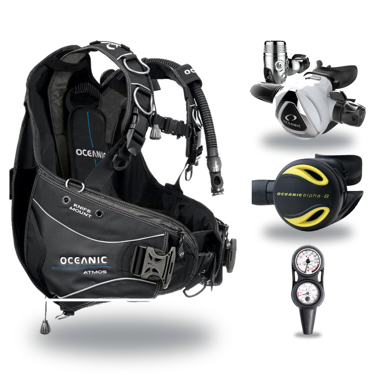 Oceanic Regulator + BCD Scuba Package – Atmos BCD + Delta 5 + EDX Regulator + Alpha 8 Octopus + Maxdepth Gauge Console — Oce…