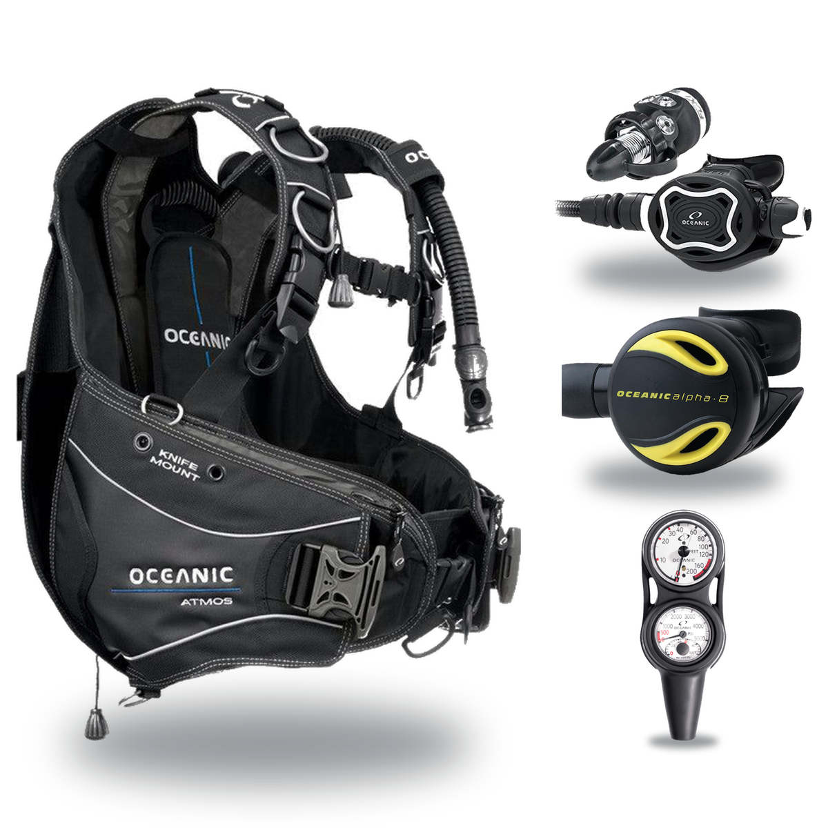 Oceanic Regulator + BCD Scuba Package – Atmos BCD + ZEO FDX-I Regulator + Alpha 8 Octopus + Maxdepth Gauge Console — include…