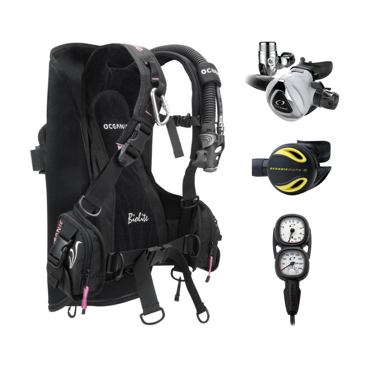 Oceanic Regulator + BCD Scuba Package – Biolite Women Travel Back Inflate BCD + Delta 5 EDX Regulator + Alpha 8 Octopus + Ma…