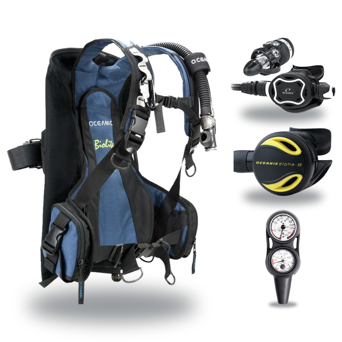 Oceanic Regulator + BCD Scuba Package – Biolite Mens BCD + ZEO FDX-I Regulator + Alpha 8 Octopus + Maxdepth Gauge Console —…