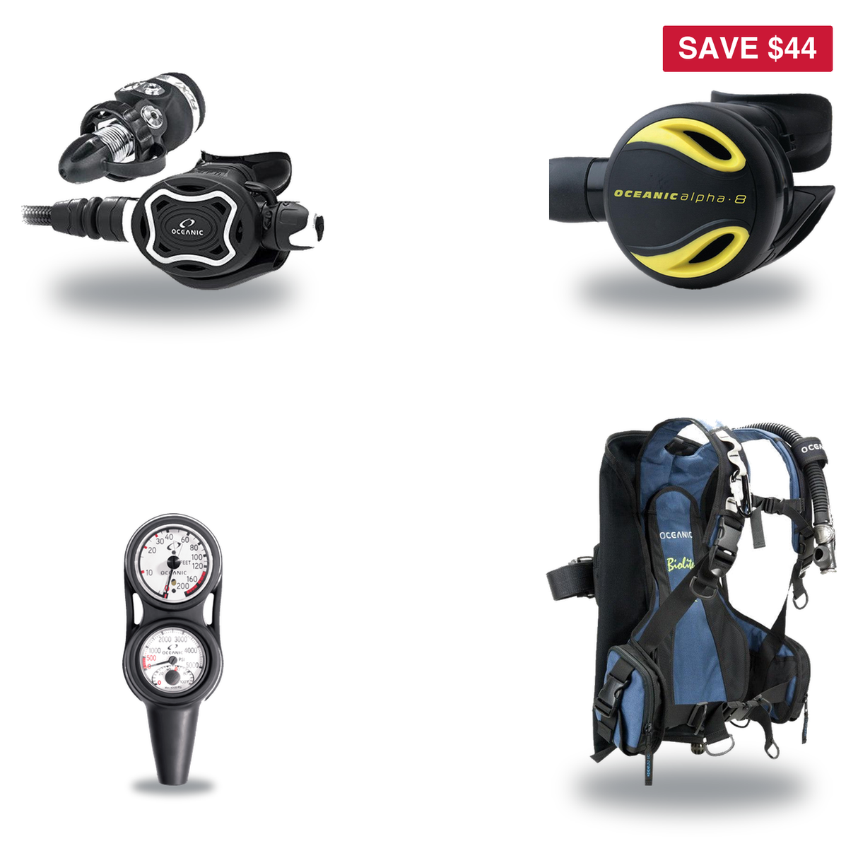 Oceanic Regulator + BCD Scuba Package – Biolite Mens BCD + ZEO FDX-I Regulator + Alpha 8 Octopus + Maxdepth Gauge Console —…