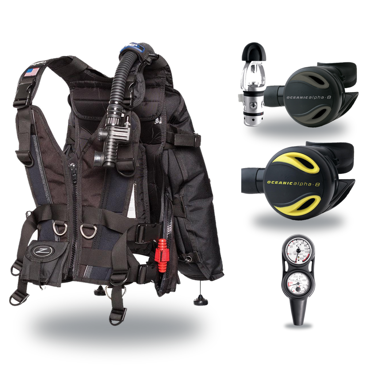 Oceanic Regulator + BCD Scuba Package – Hera BCD + Delta 5 + EDX Regulator + Alpha 8 Octopus + Maxdepth Gauge Console — Zeag…