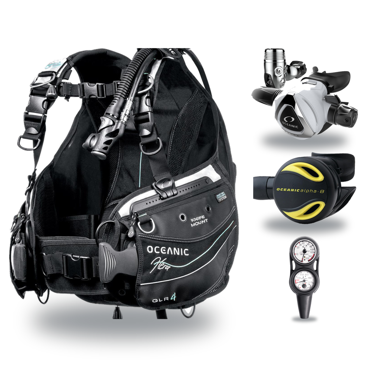 Oceanic Regulator + BCD Scuba Package – Hera BCD + Delta 5 + EDX Regulator + Alpha 8 Octopus + Maxdepth Gauge Console — Ocea…