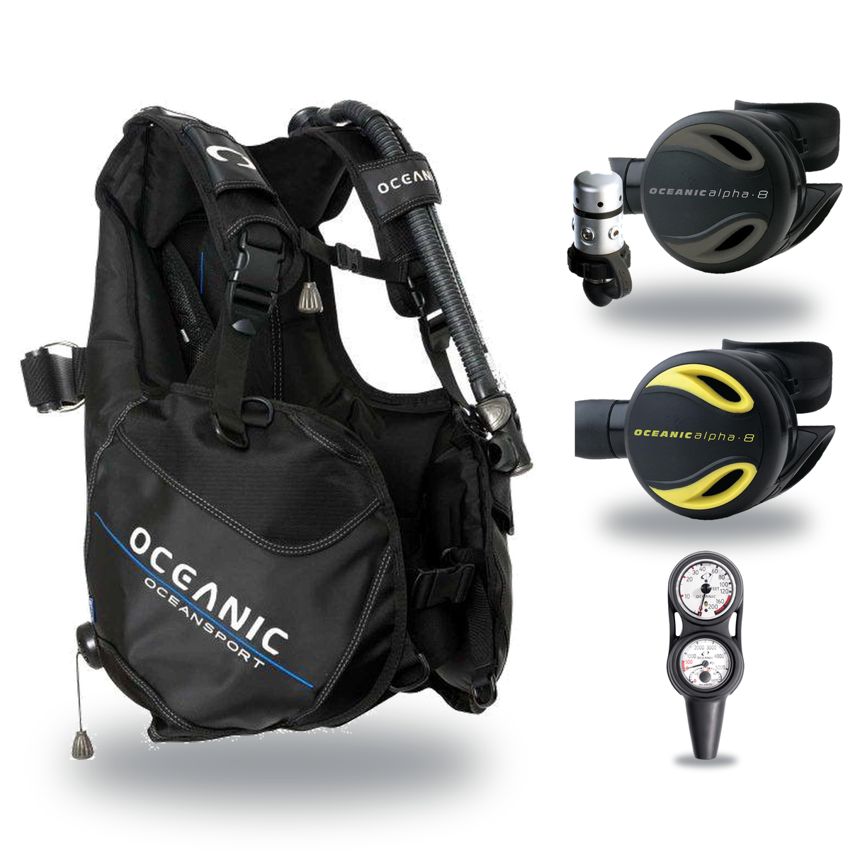 Oceanic Regulator + BCD Scuba Package – Oceansport BCD + Alpha 8 + SP5 Regulator + Alpha 8 Octopus + Maxdepth Gauge Console…