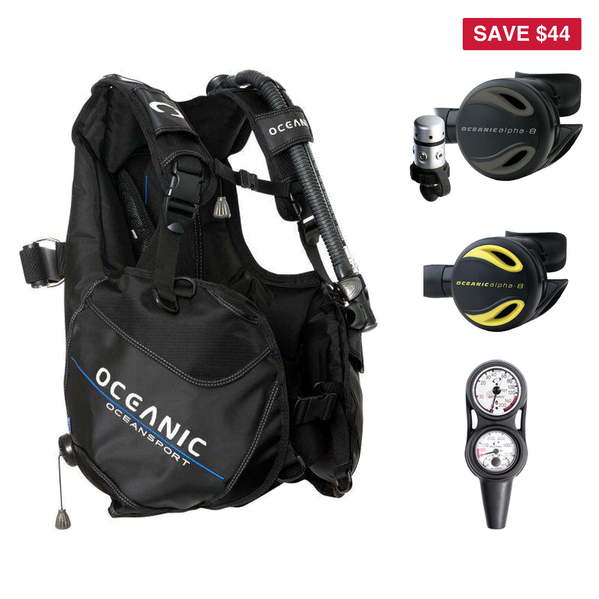 Oceanic Regulator + BCD Scuba Package – Oceansport BCD + Alpha 8 + SP5 Regulator + Alpha 8 Octopus + Maxdepth Gauge Console…