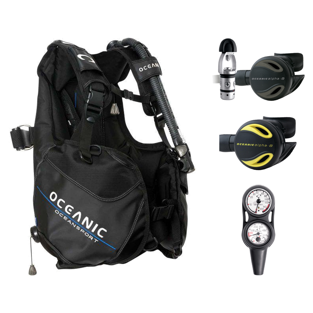 Oceanic Regulator + BCD Scuba Package – Oceansport BCD + Alpha 8 + SP5 Regulator + Alpha 8 Octopus + Maxdepth Gauge Console…