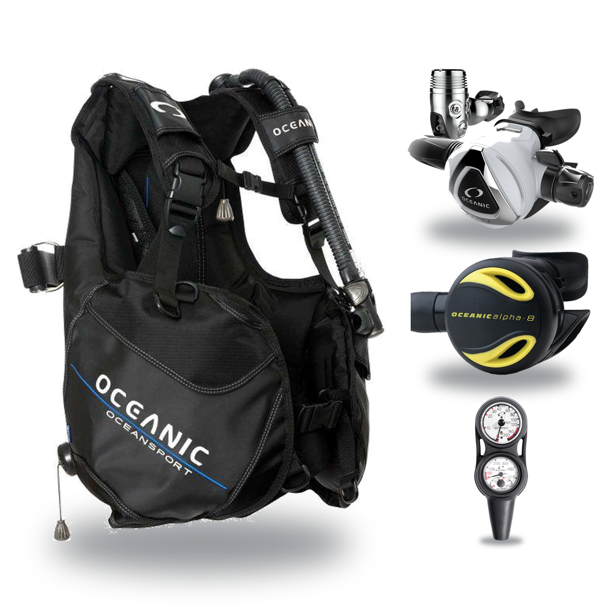 Oceanic Regulator + BCD Scuba Package – Oceansport BCD + Alpha 8 + SP5 Regulator + Alpha 8 Octopus + Maxdepth Gauge Console…