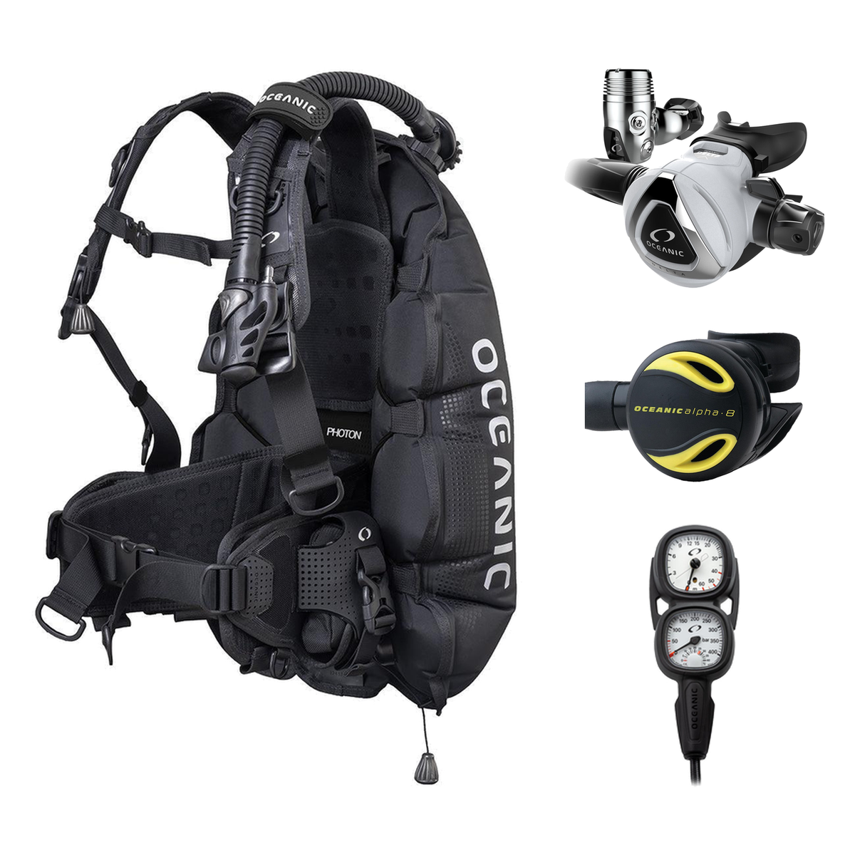 Oceanic Regulator + BCD Scuba Package – Photon Air Men's BCD w/ Color Kit + Delta 5 EDX Regulator + Alpha 8 Octopus + Maxvie…