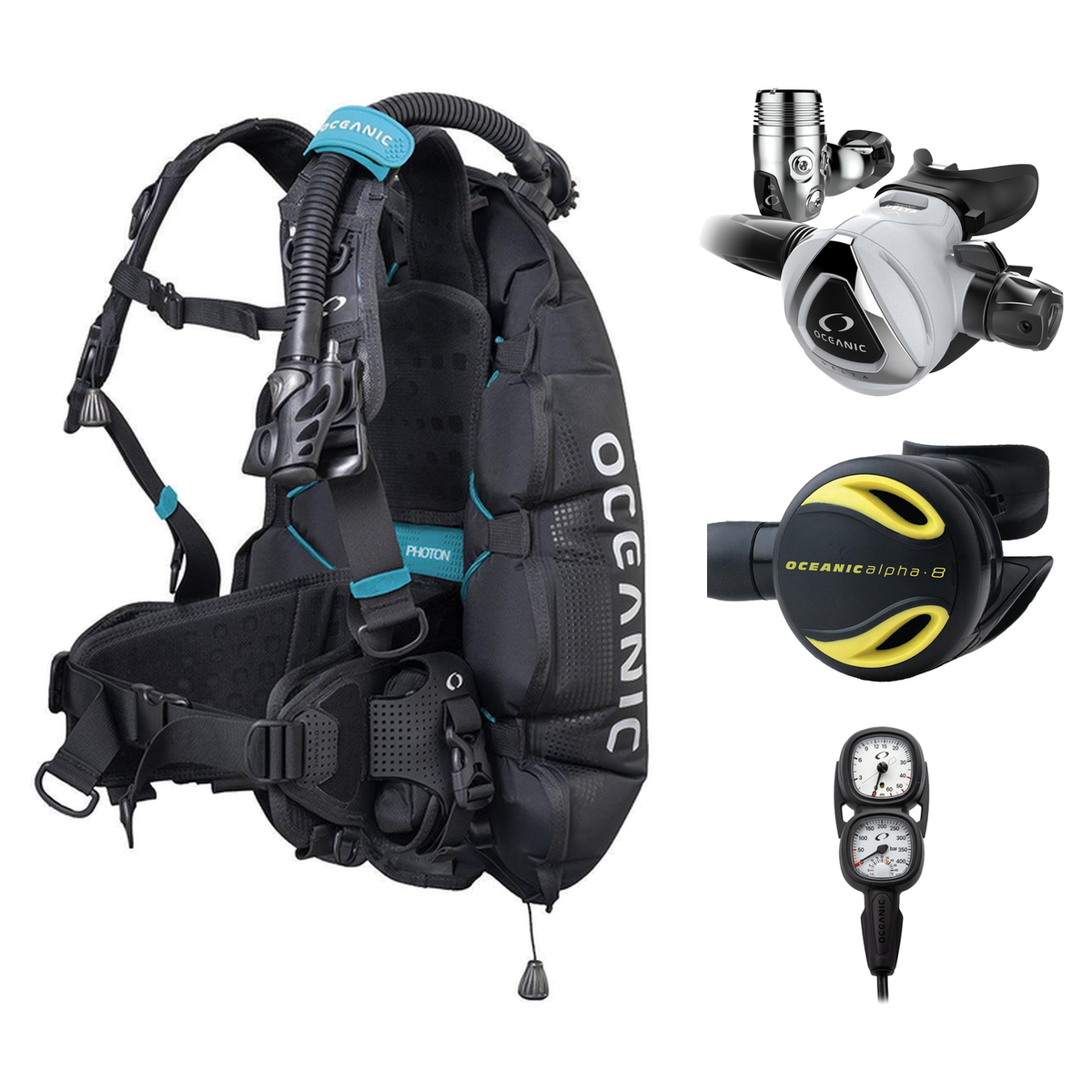 Oceanic Regulator + BCD Scuba Package – Photon Air Men's BCD w/ Color Kit + Delta 5 EDX Regulator + Alpha 8 Octopus + Maxvie…