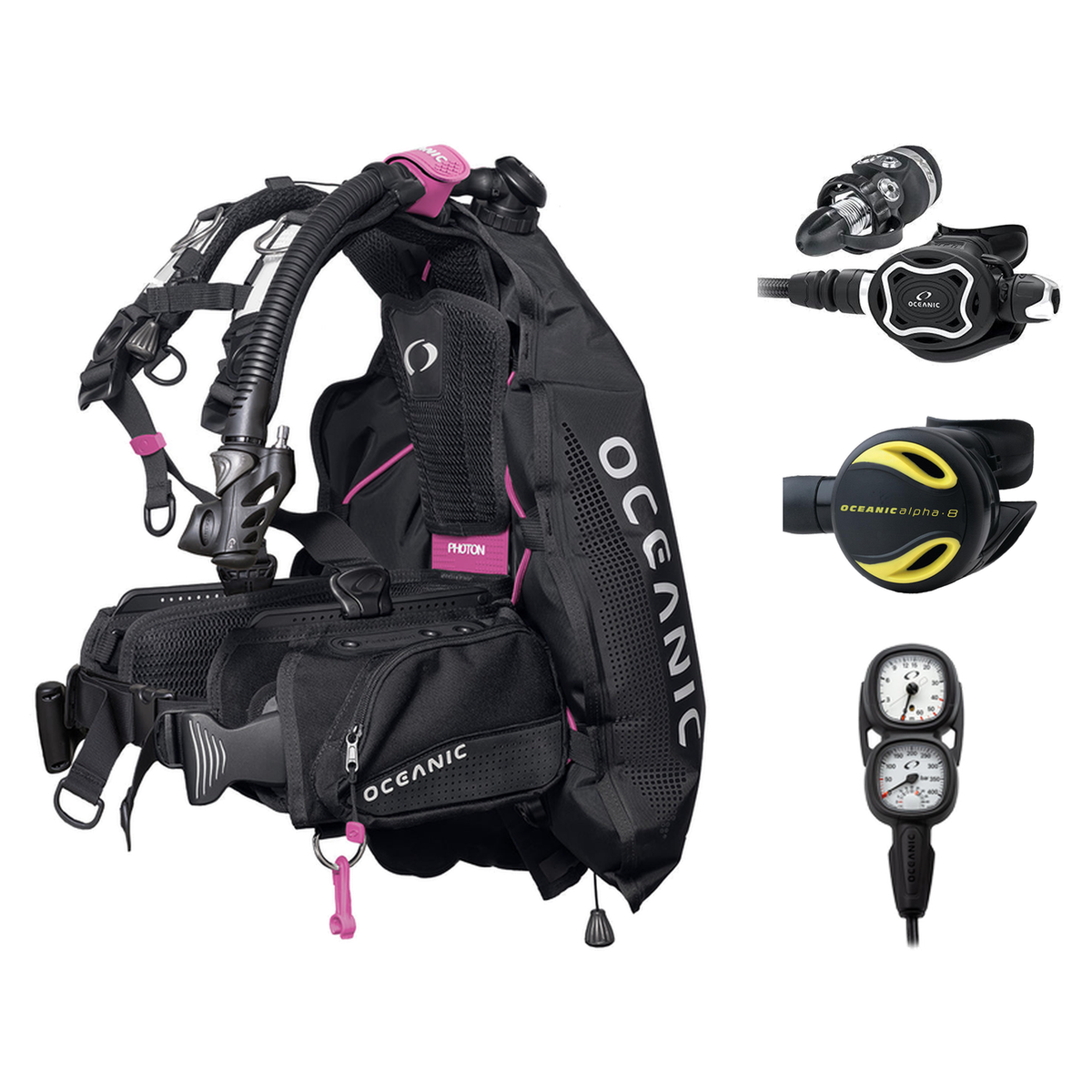 Oceanic Regulator + BCD Scuba Package – Photon Pro Women's BCD w/ Color Kit + ZEO FDX-I Regulator + Alpha 8 Octopus + Maxvie…