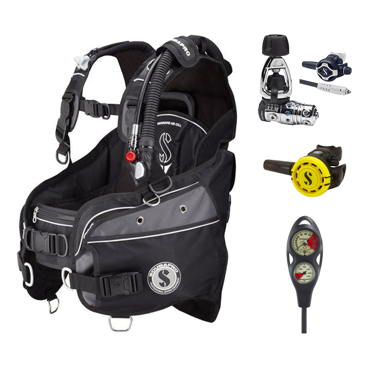 Scubapro Regulator + BCD Scuba Package – Glide X BCD w/ AIR2 Black Grey + MK25 EVO/S620 Ti Regulator + R105 Octopus + 2-Gaug…