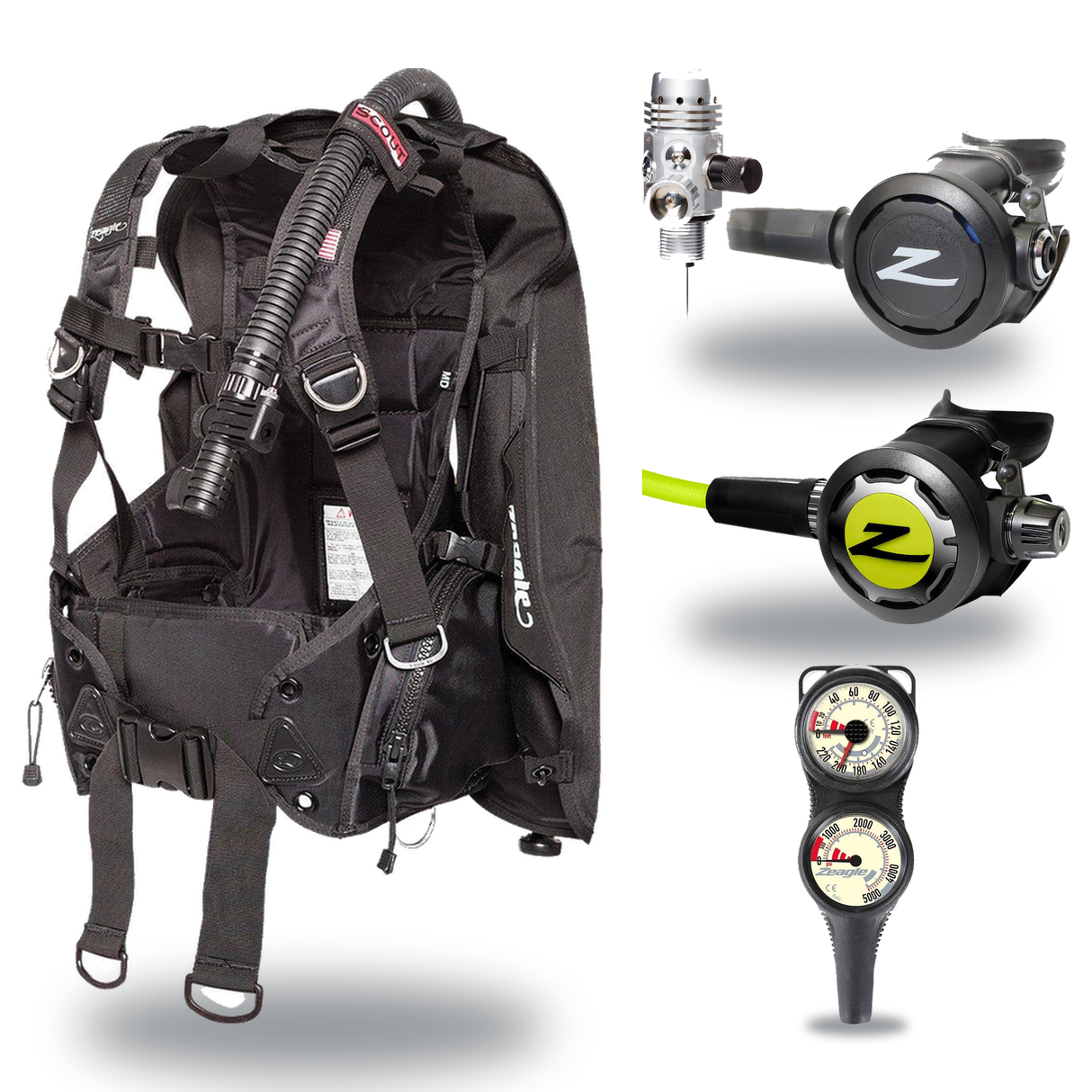 Zeagle Regulator + BCD Scuba Package – Scout BCD + Envoy/RaZor II Regulator + Onyx II Octopus + Combo 2 Gauge Console — incl…