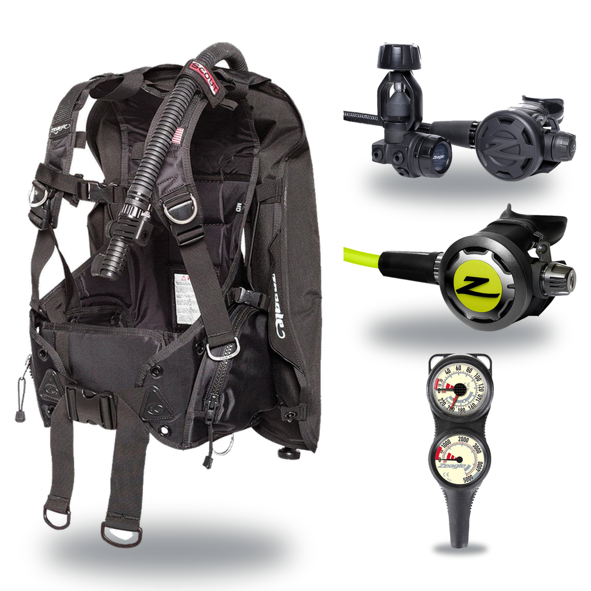 Zeagle Regulator + BCD Scuba Package – Scout BCD + Envoy/RaZor II Regulator + Onyx II Octopus + Combo 2 Gauge Console — Zeag…