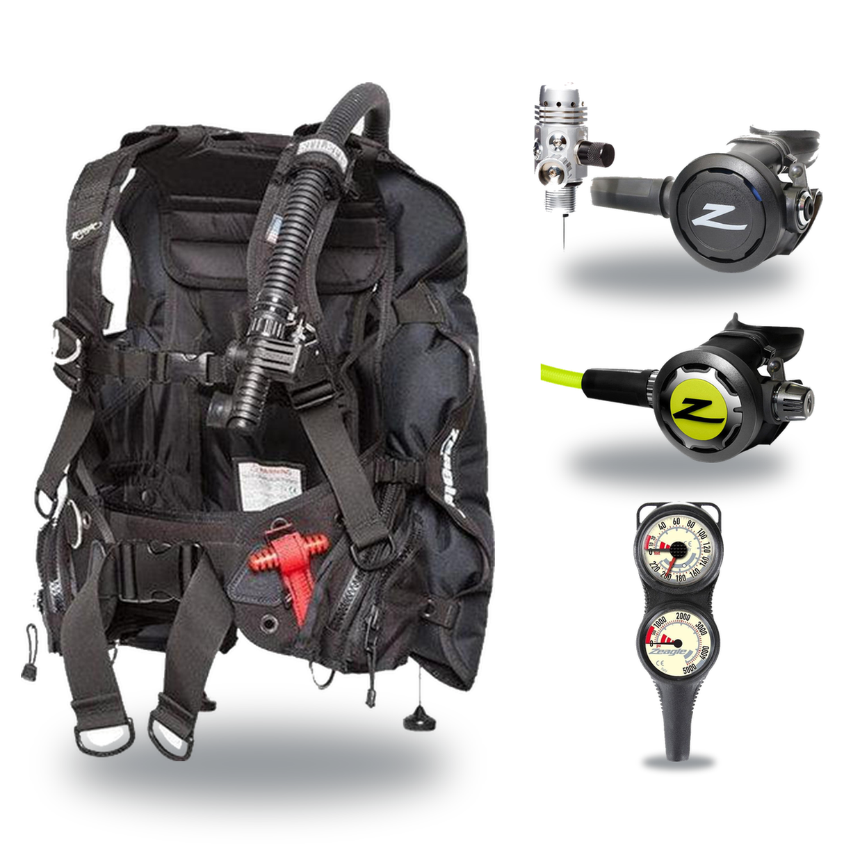 Zeagle Regulator + BCD Scuba Package – Stiletto BCD + F8 Regulator + Onyx II Octopus + Combo 2 Gauge Console — Zeagle Stilet…