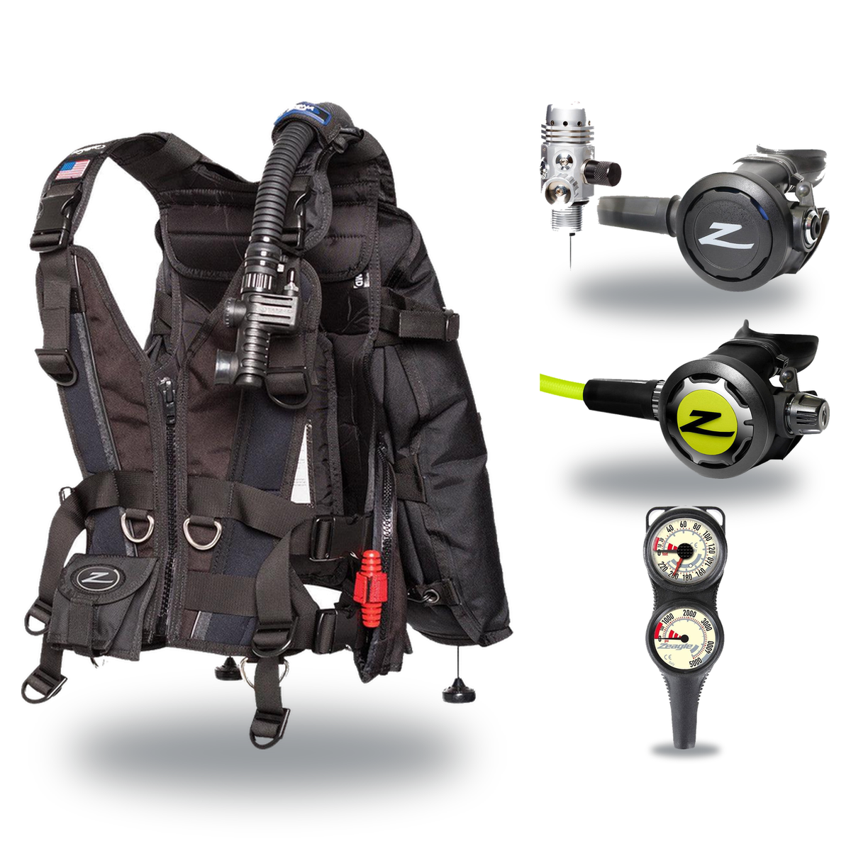 Zeagle Regulator + BCD Scuba Package – Zena BCD + Onyx II Regulator + Onyx II Octopus + Combo 2 Gauge Console — Zeagle Zena,…