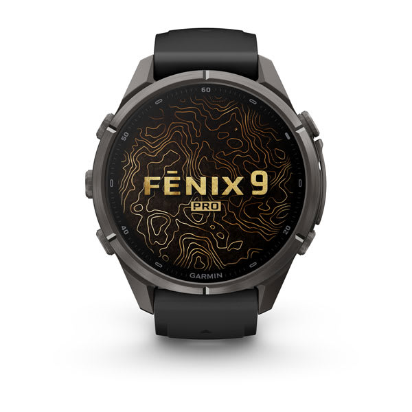Garmin fenix 9 Pro – inReach, 43 mm Carbon Gray DLC Titanium with Black/Pebble Gray Sil — right profile